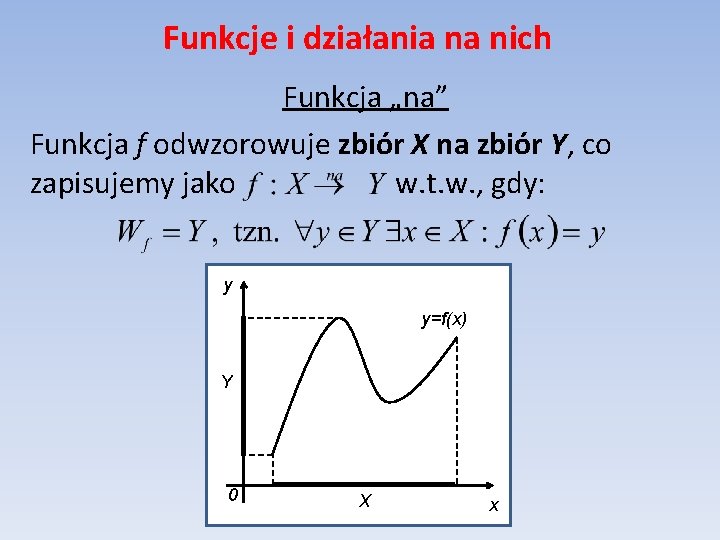Funkcje i działania na nich Funkcja „na” Funkcja f odwzorowuje zbiór X na zbiór