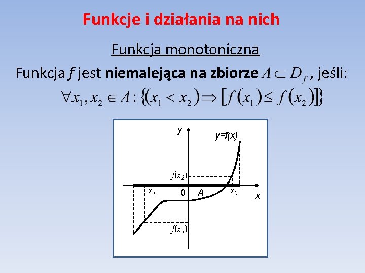 Funkcje i działania na nich Funkcja monotoniczna Funkcja f jest niemalejąca na zbiorze y