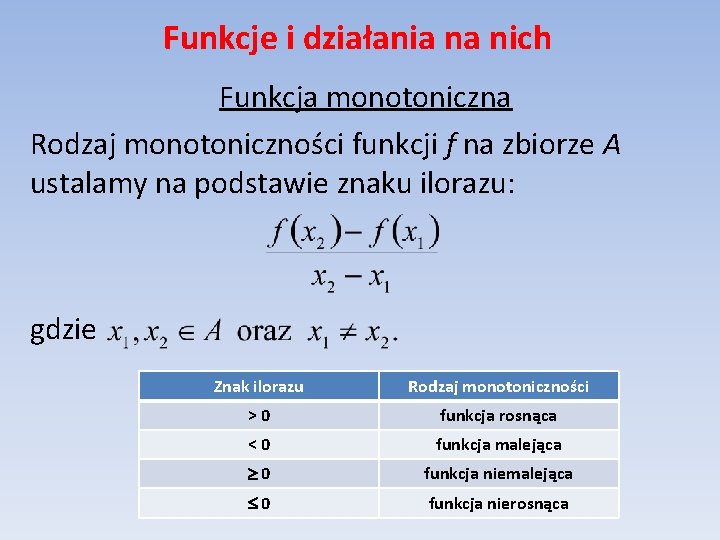 Funkcje i działania na nich Funkcja monotoniczna Rodzaj monotoniczności funkcji f na zbiorze A