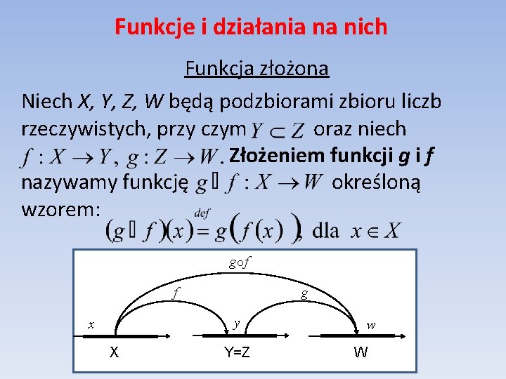 Funkcje i działania na nich Funkcja złożona Niech X, Y, Z, W będą podzbiorami