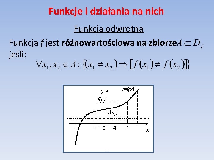 Funkcje i działania na nich Funkcja odwrotna Funkcja f jest różnowartościowa na zbiorze jeśli: