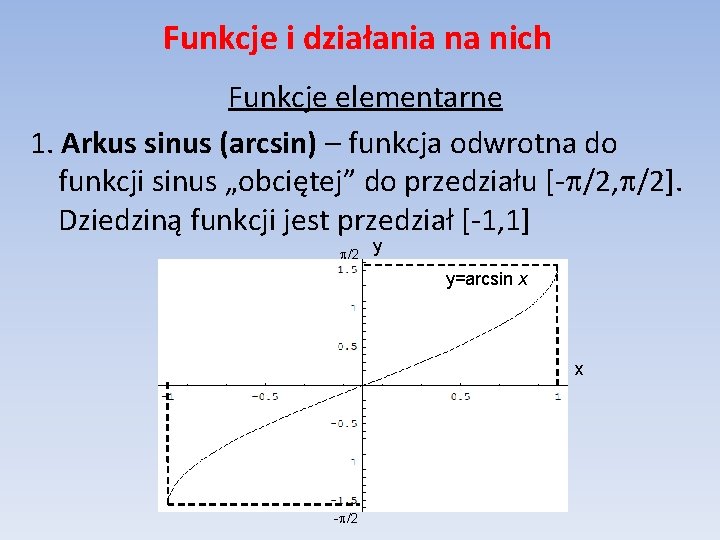 Funkcje i działania na nich Funkcje elementarne 1. Arkus sinus (arcsin) – funkcja odwrotna