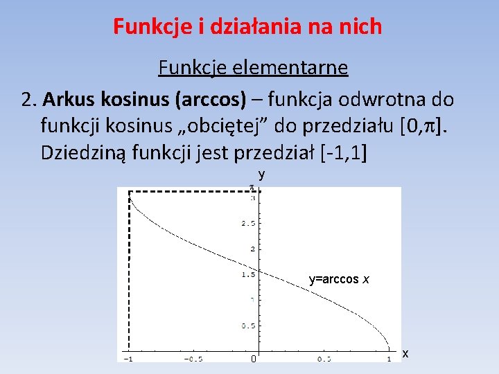 Funkcje i działania na nich Funkcje elementarne 2. Arkus kosinus (arccos) – funkcja odwrotna