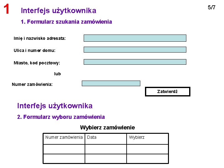 1 5/7 Interfejs użytkownika 1. Formularz szukania zamówienia Imię i nazwisko adresata: Ulica i