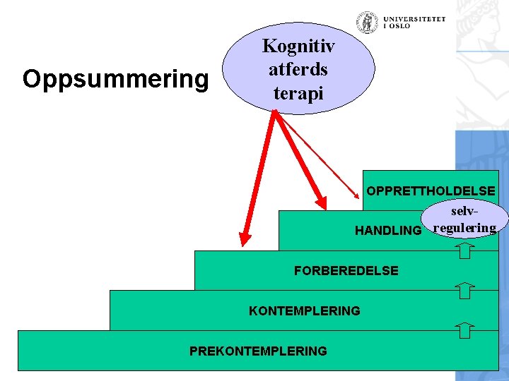 Oppsummering Kognitiv atferds terapi OPPRETTHOLDELSE selv. HANDLING regulering FORBEREDELSE KONTEMPLERING PREKONTEMPLERING Håvar Brendryen, Stipendiat,