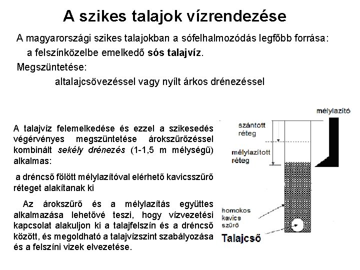 A szikes talajok vízrendezése A magyarországi szikes talajokban a sófelhalmozódás legfőbb forrása: a felszínközelbe