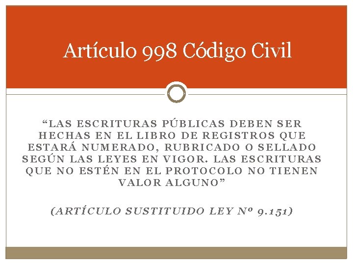 Artículo 998 Código Civil “LAS ESCRITURAS PÚBLICAS DEBEN SER HECHAS EN EL LIBRO DE