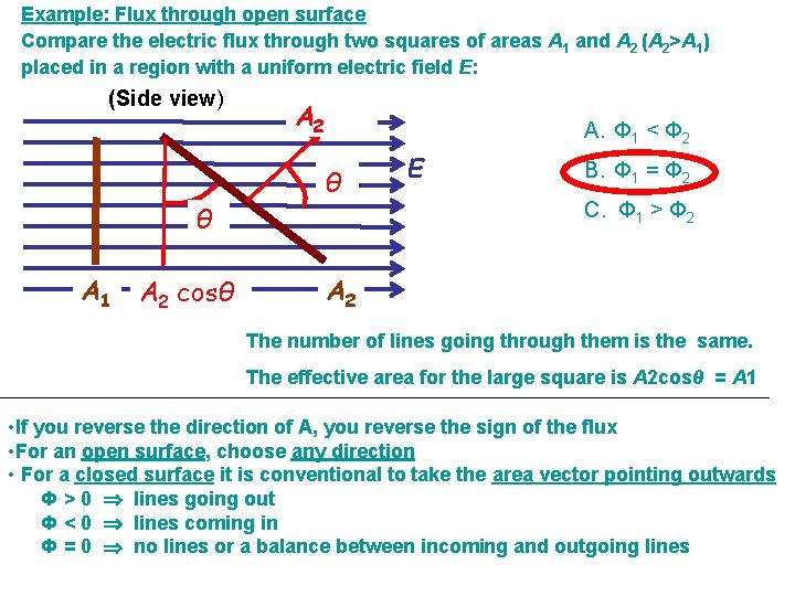 Example: Flux through open surface Compare the electric flux through two squares of areas