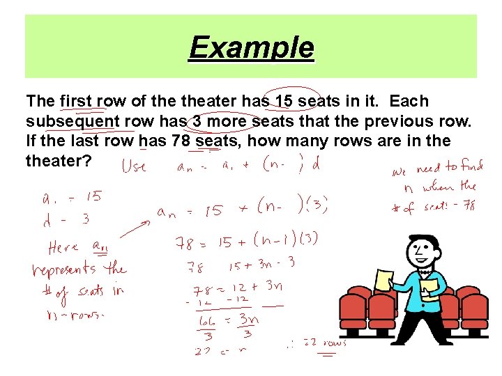 Example The first row of theater has 15 seats in it. Each subsequent row