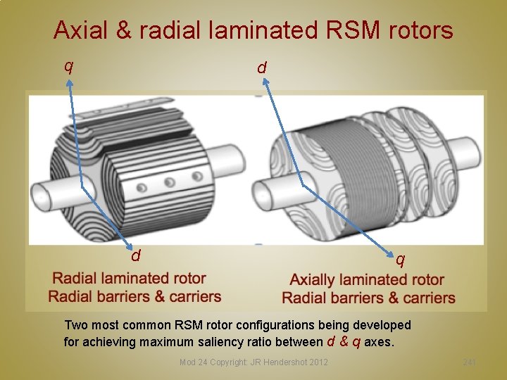 Axial & radial laminated RSM rotors q d d q Two most common RSM