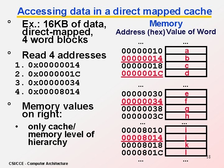Accessing data in a direct mapped cache Memory ° Ex. : 16 KB of