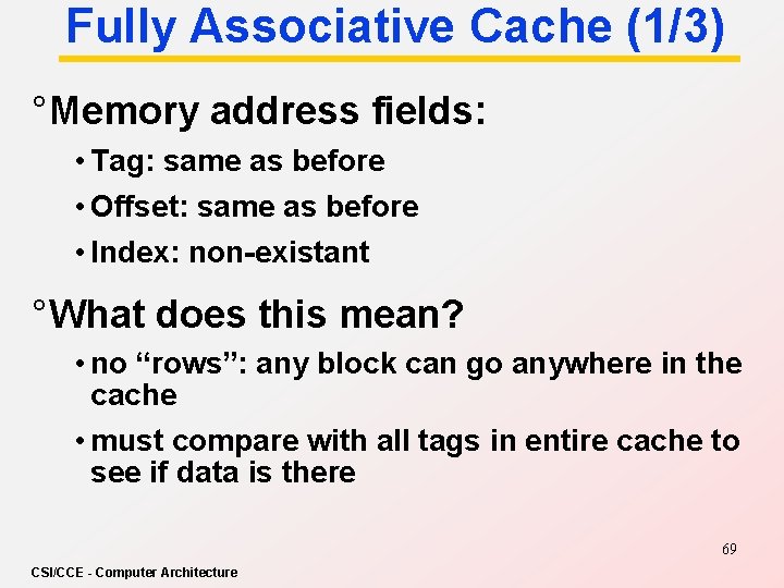 Fully Associative Cache (1/3) ° Memory address fields: • Tag: same as before •