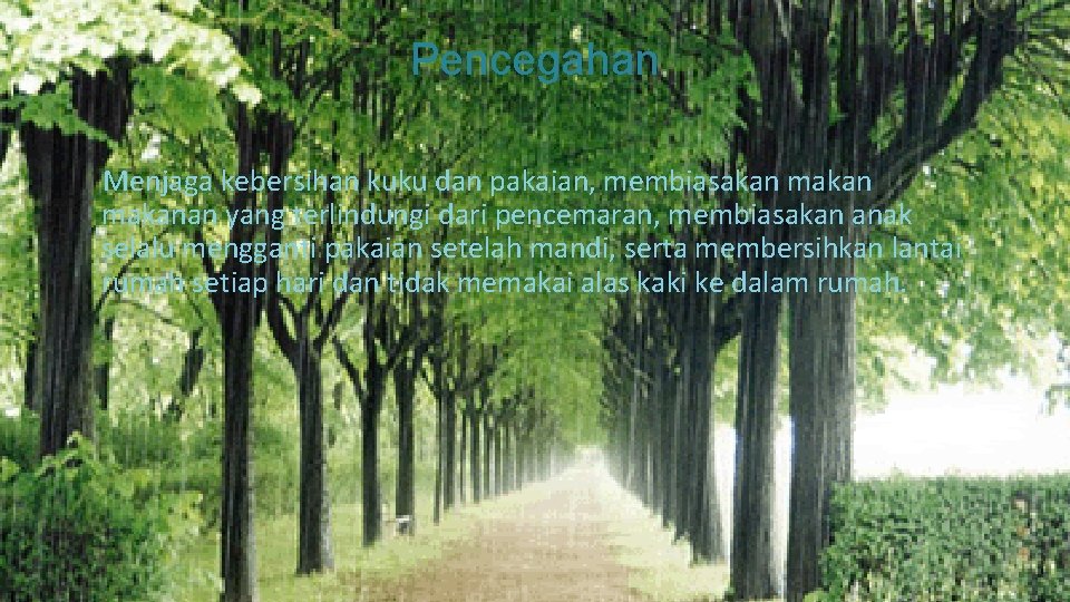 Pencegahan Menjaga kebersihan kuku dan pakaian, membiasakan makanan yang terlindungi dari pencemaran, membiasakan anak