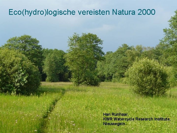 Eco(hydro)logische vereisten Natura 2000 Han Runhaar, KWR Watercycle Research Institute, Nieuwegein 