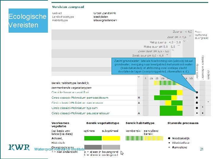 Ecologische Vereisten Zacht grondwater: laterale toestroming van (aëroob) lokaal grondwater, overgang naar kwelgebied met