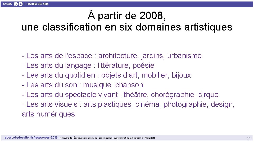 À partir de 2008, une classification en six domaines artistiques - Les arts de À partir de 2008, une classification en six domaines artistiques - Les arts de