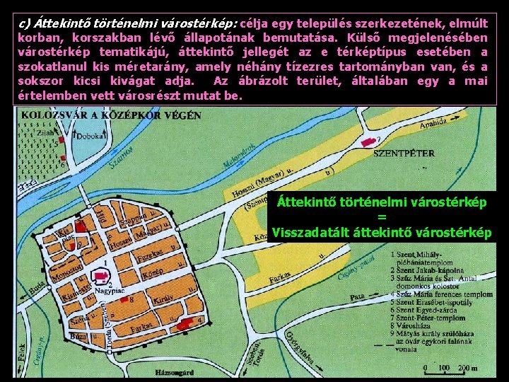 c) Áttekintő történelmi várostérkép: célja egy település szerkezetének, elmúlt korban, korszakban lévő állapotának bemutatása.