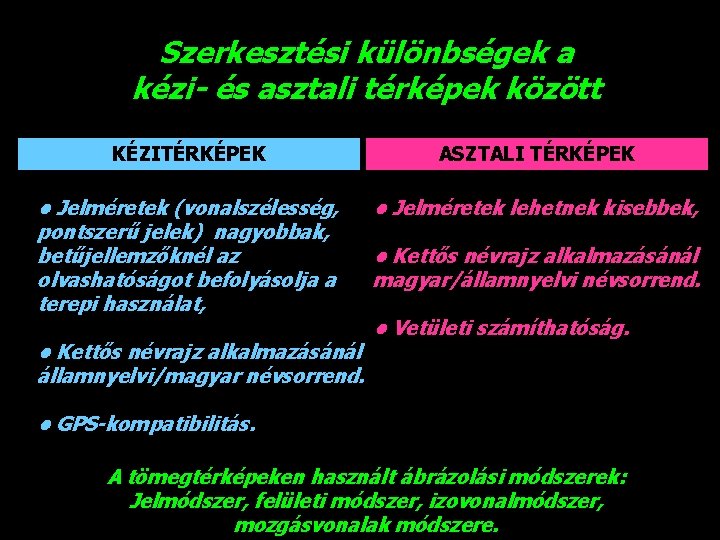 Szerkesztési különbségek a kézi- és asztali térképek között KÉZITÉRKÉPEK ASZTALI TÉRKÉPEK • Jelméretek (vonalszélesség,