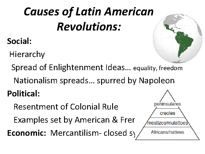 Causes of Latin American Revolutions: Social: Hierarchy Spread of Enlightenment Ideas… equality, freedom Nationalism
