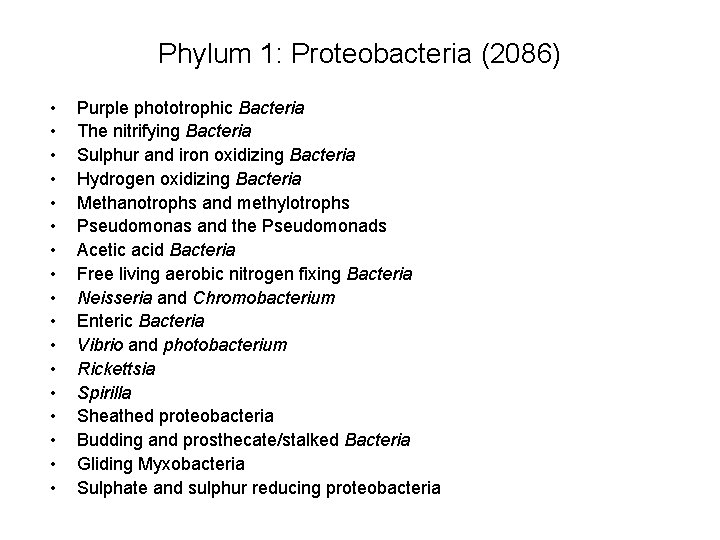 Phylum 1: Proteobacteria (2086) • • • • • Purple phototrophic Bacteria The nitrifying