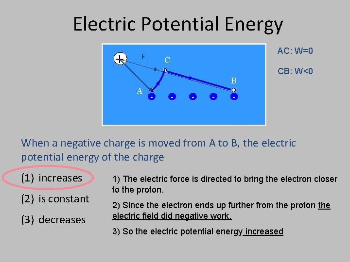 Electric Potential Energy + E AC: W=0 C B A - - CB: W<0