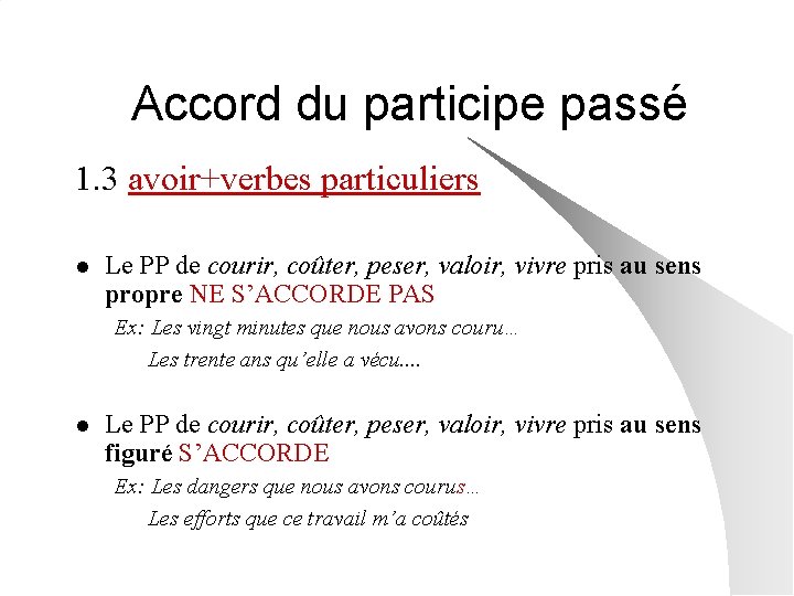 Accord du participe passé 1. 3 avoir+verbes particuliers l Le PP de courir, coûter,