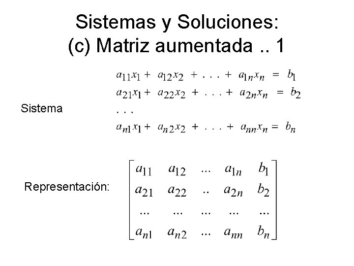 Sistemas y Soluciones: (c) Matriz aumentada. . 1 Sistema Representación: 