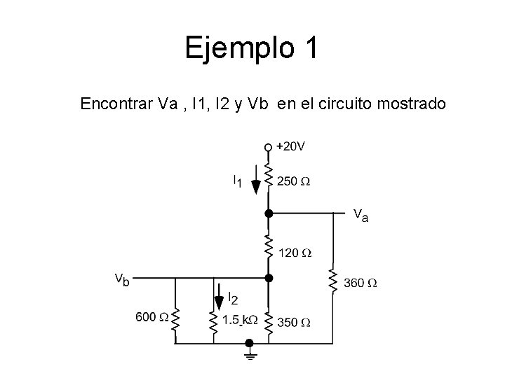 Ejemplo 1 Encontrar Va , I 1, I 2 y Vb en el circuito