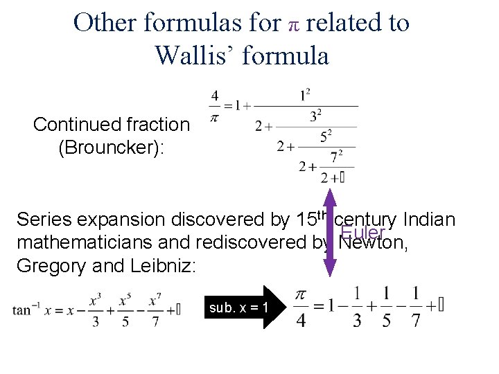Other formulas for π related to Wallis’ formula Continued fraction (Brouncker): Series expansion discovered