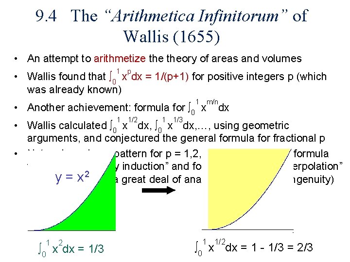 9. 4 The “Arithmetica Infinitorum” of Wallis (1655) • An attempt to arithmetize theory