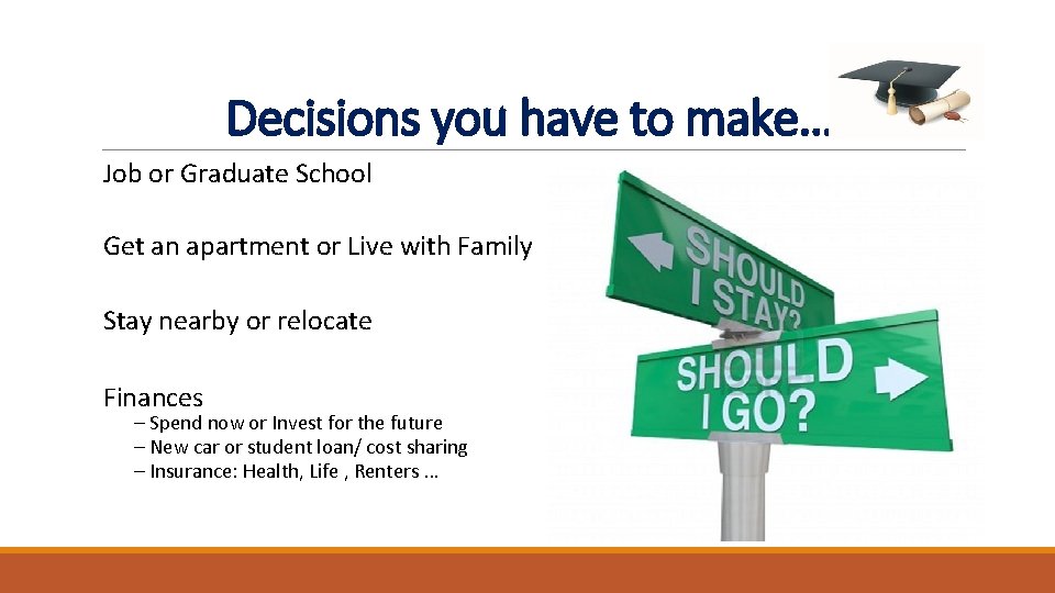 Decisions you have to make… Job or Graduate School Get an apartment or Live Decisions you have to make… Job or Graduate School Get an apartment or Live