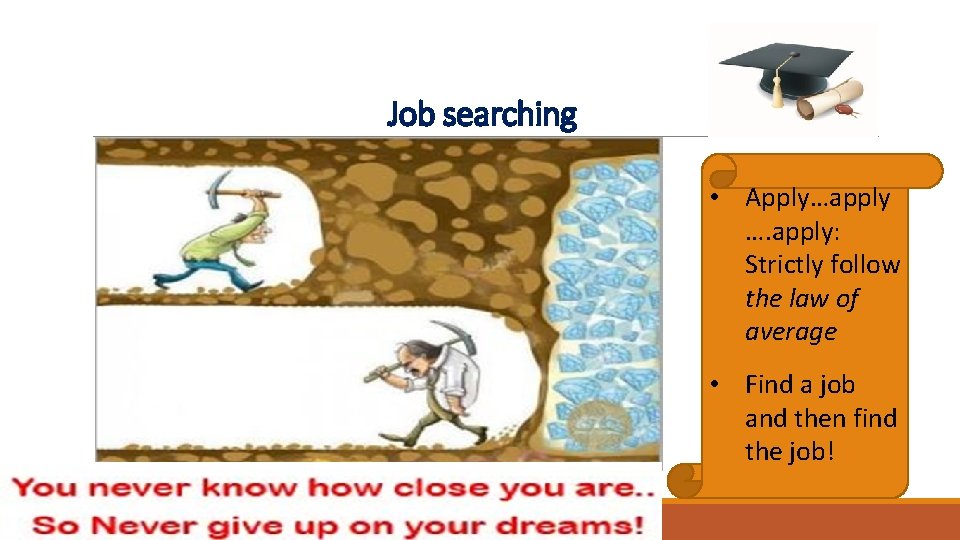 Job searching • Apply…apply …. apply: Strictly follow the law of average • Find Job searching • Apply…apply …. apply: Strictly follow the law of average • Find