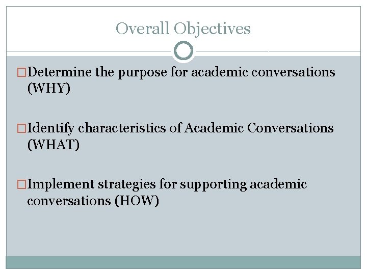 Overall Objectives �Determine the purpose for academic conversations (WHY) �Identify characteristics of Academic Conversations