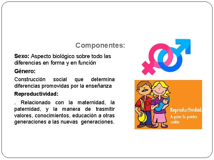 Componentes: Sexo: Aspecto biológico sobre todo las diferencias en forma y en función Género:
