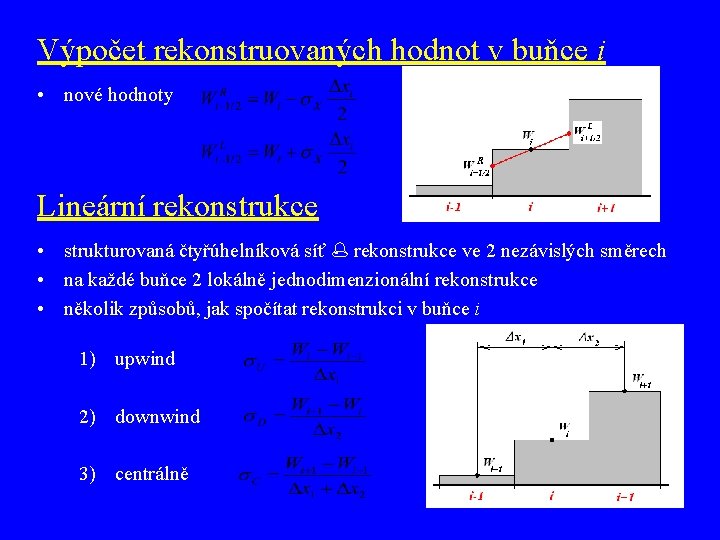 Výpočet rekonstruovaných hodnot v buňce i • nové hodnoty Lineární rekonstrukce • strukturovaná čtyřúhelníková