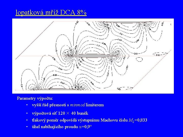 lopatková mříž DCA 8% Parametry výpočtu: • vyšší řád přesnosti s minmod limiterem •