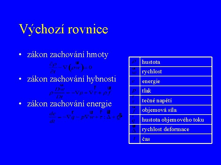 Výchozí rovnice • zákon zachování hmoty • zákon zachování hybnosti hustota rychlost energie tlak