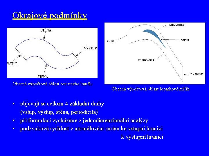 Okrajové podmínky Obecná výpočtová oblast rovinného kanálu Obecná výpočtová oblast lopatkové mříže • objevují