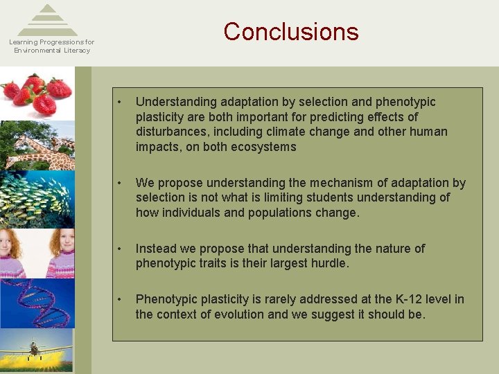 Conclusions Learning Progressions for Environmental Literacy • Understanding adaptation by selection and phenotypic plasticity Conclusions Learning Progressions for Environmental Literacy • Understanding adaptation by selection and phenotypic plasticity