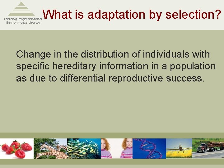 What is adaptation by selection? Learning Progressions for Environmental Literacy Change in the distribution What is adaptation by selection? Learning Progressions for Environmental Literacy Change in the distribution