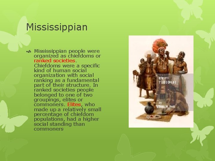 Mississippian people were organized as chiefdoms or ranked societies. Chiefdoms were a specific kind