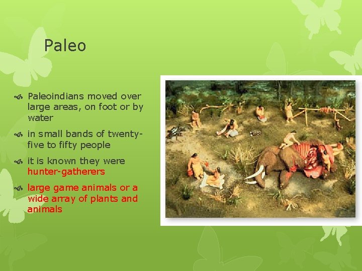 Paleo Paleoindians moved over large areas, on foot or by water in small bands