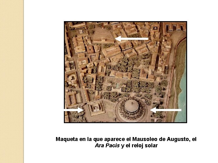 Maqueta en la que aparece el Mausoleo de Augusto, el Ara Pacis y el