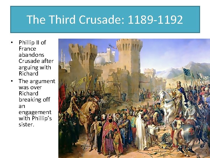 The Third Crusade: 1189 -1192 • Phillip II of France abandons Crusade after arguing The Third Crusade: 1189 -1192 • Phillip II of France abandons Crusade after arguing
