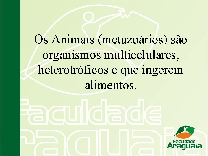 Os Animais (metazoários) são organismos multicelulares, heterotróficos e que ingerem alimentos. 