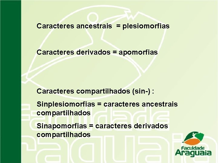 Caracteres ancestrais = plesiomorfias Caracteres derivados = apomorfias Caracteres compartilhados (sin-) : Sinplesiomorfias =