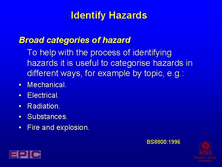 Identify Hazards Broad categories of hazard To help with the process of identifying hazards Identify Hazards Broad categories of hazard To help with the process of identifying hazards
