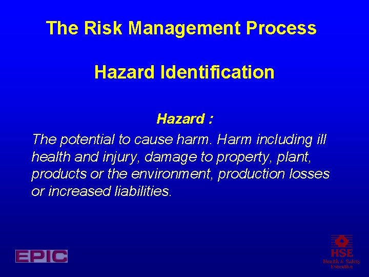 The Risk Management Process Hazard Identification Hazard : The potential to cause harm. Harm The Risk Management Process Hazard Identification Hazard : The potential to cause harm. Harm