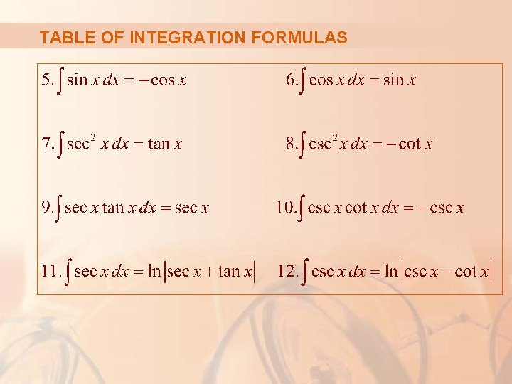 TABLE OF INTEGRATION FORMULAS 