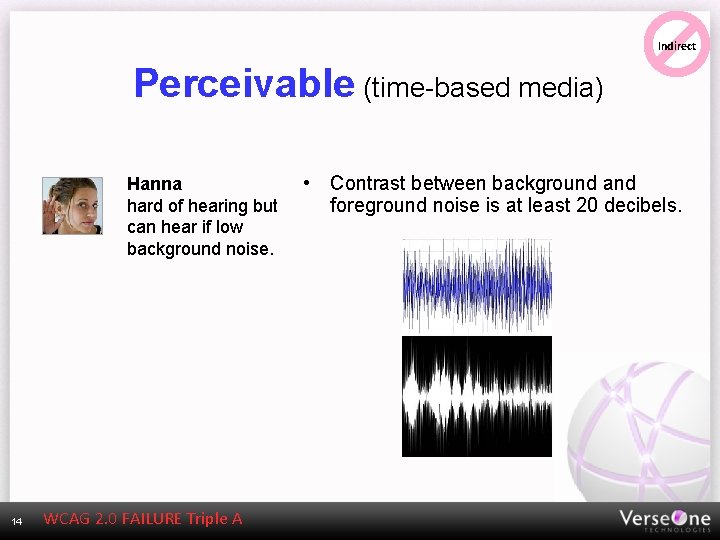 Indirect Perceivable (time-based media) Hanna hard of hearing but can hear if low background